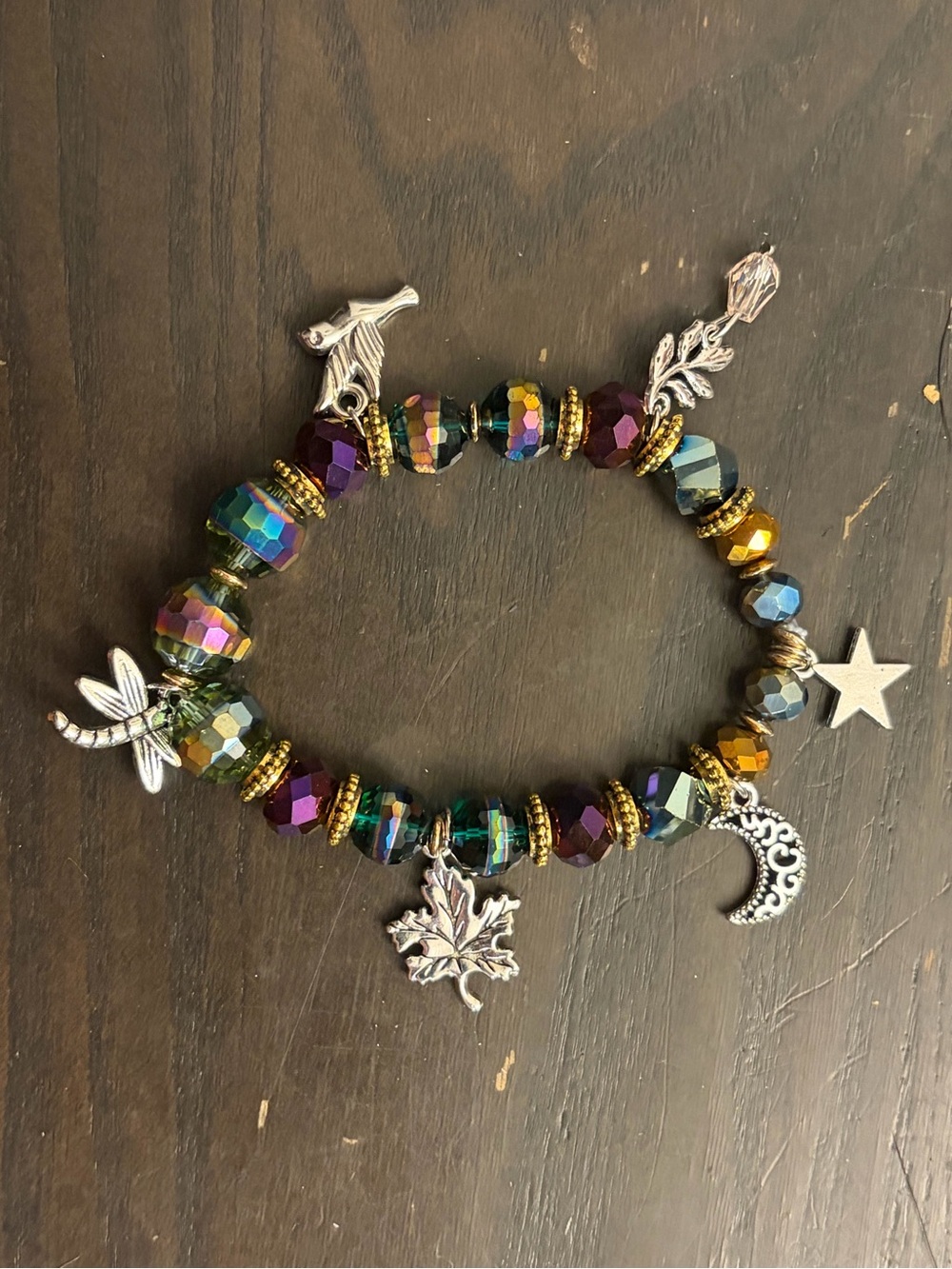 Iridescent Multi-Color Bead Charm Bracelet with Silver Accents